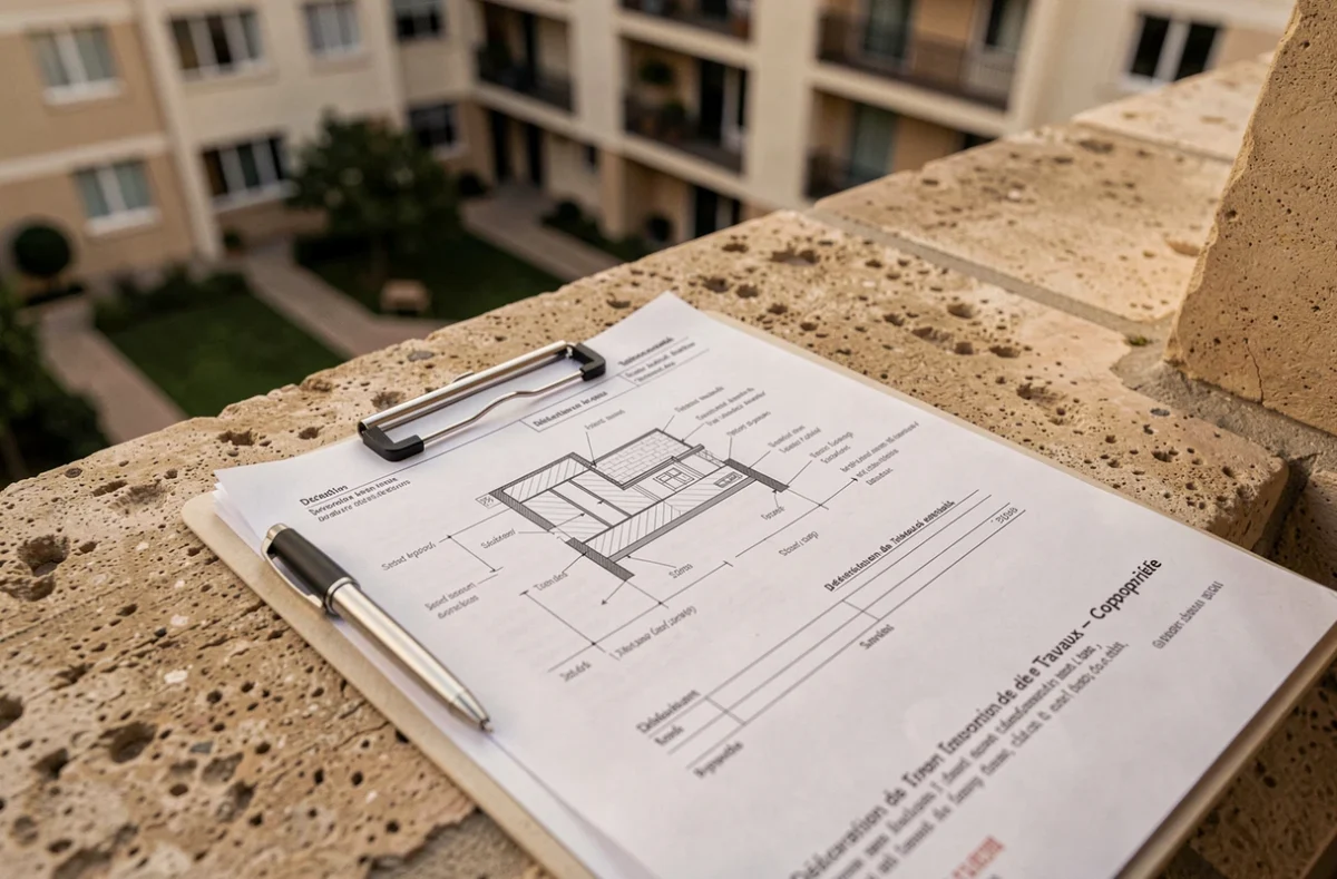 Dossier de déclaration de travaux pour une terrasse en copropriété posé sur un rebord de balcon en pierre