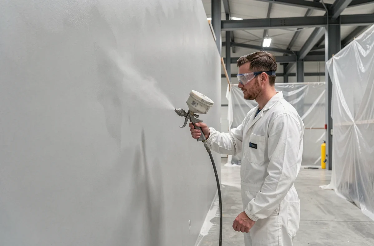 Peintre de DSI Peinture appliquant une peinture au pistolet airless sur un grand mur intérieur commercial