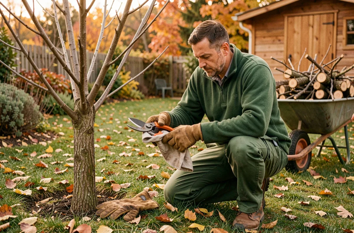 Élagueur artisan entretenant ses outils de taille dans un jardin en automne