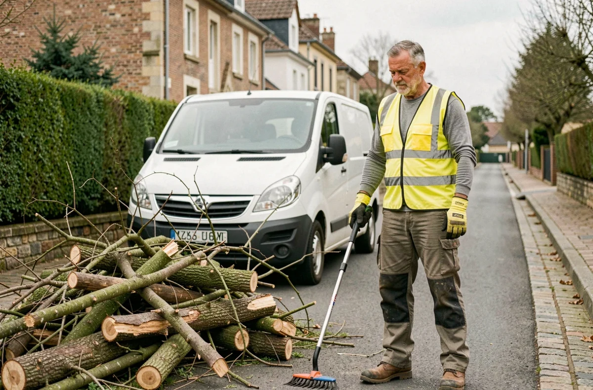 Élagueur au sol ramassant des branches coupées près de son véhicule de travail dans une rue de Cholet