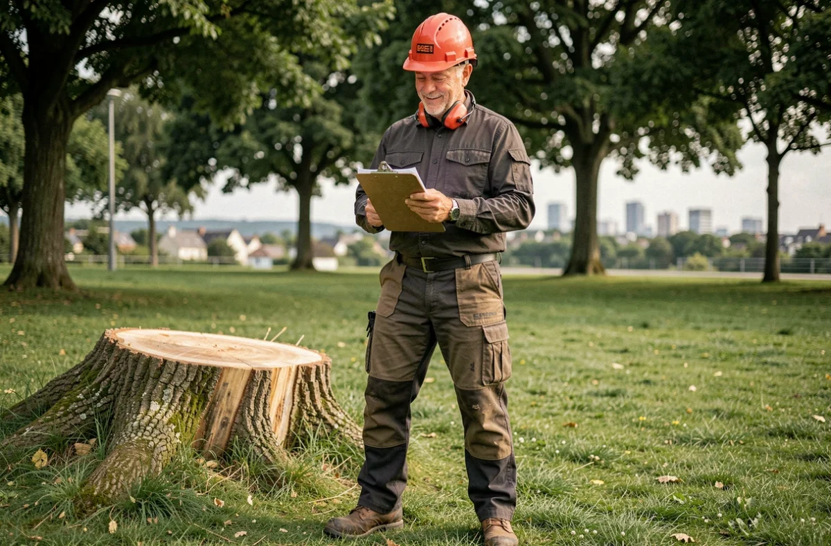 Élagueur professionnel consultant sa feuille de travail après avoir abattu un arbre dans un espace vert urbain à Cholet