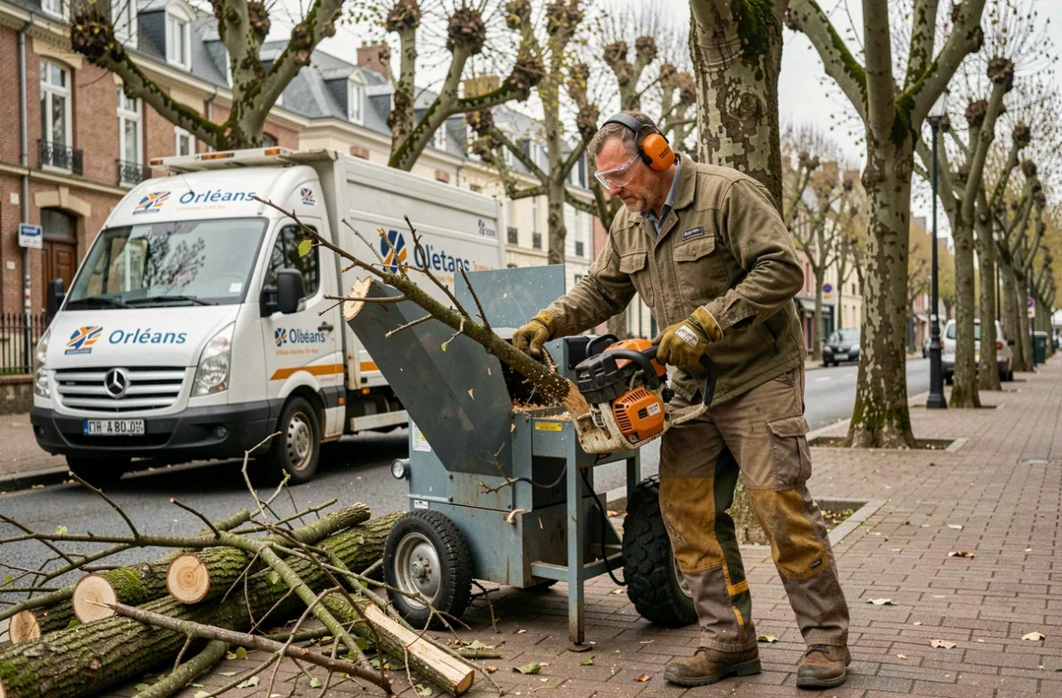 Élagueur utilisant un broyeur de branches sur une rue résidentielle d'Orléans dans le Loiret