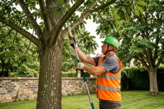 Élagueur professionnel taillant les branches d'un grand chêne dans un jardin résidentiel en France