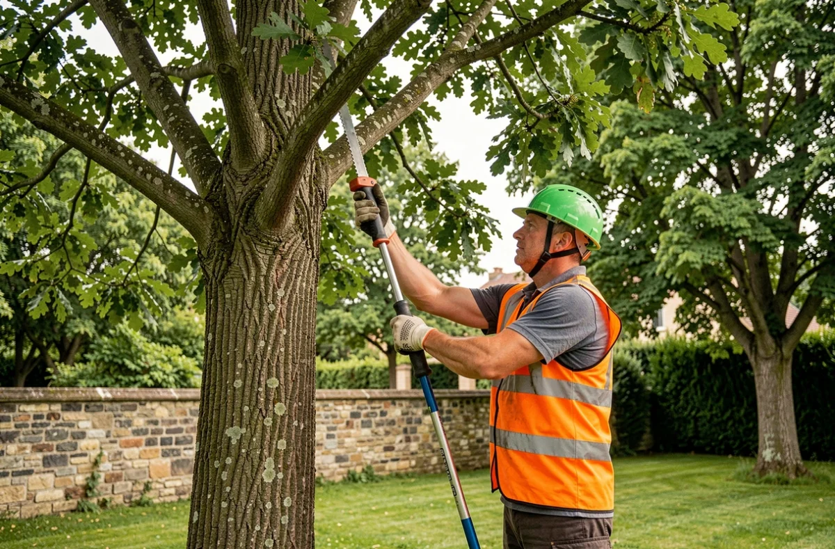 Élagueur professionnel taillant les branches d'un grand chêne dans un jardin résidentiel en France
