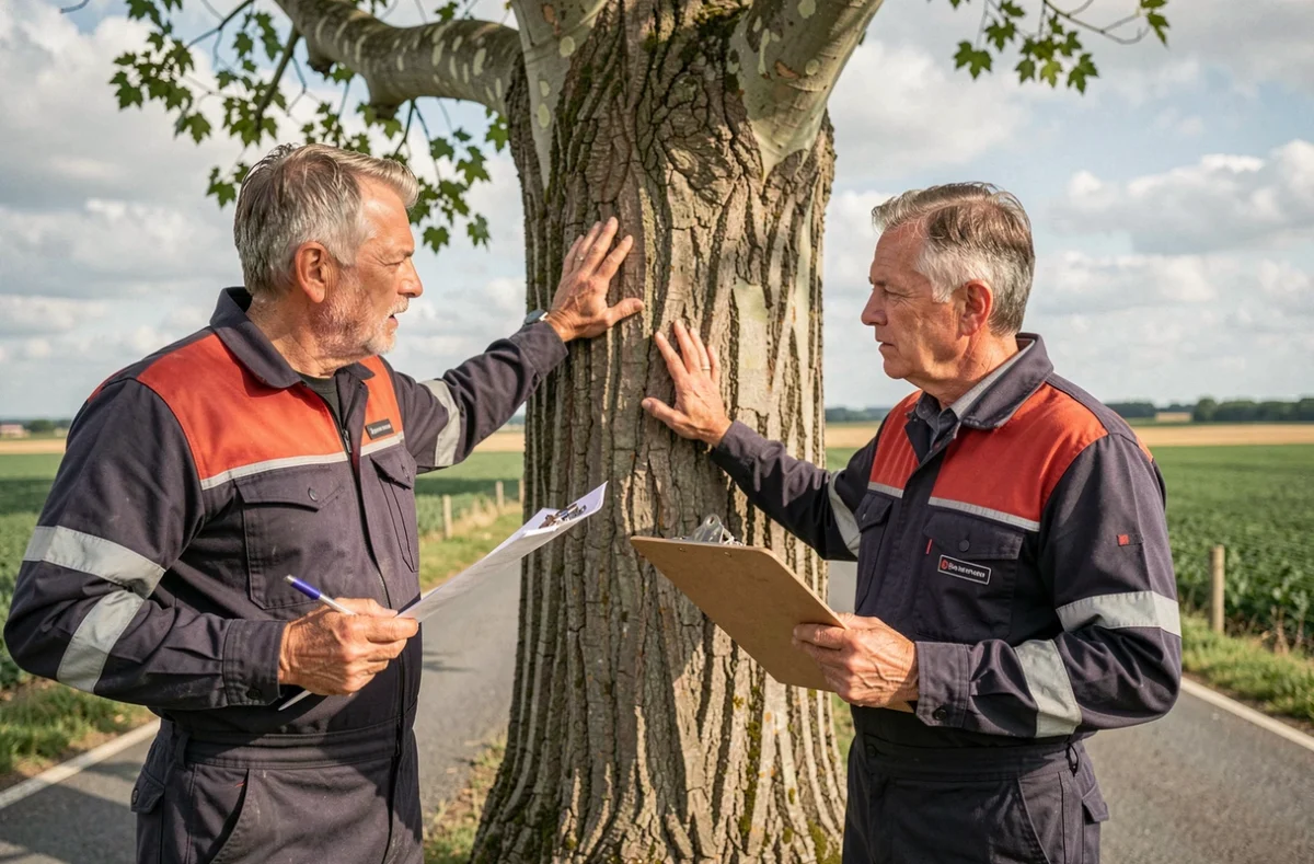 Deux élagueurs consultant un rapport d'inspection d'un peuplier en milieu rural dans le Loiret
