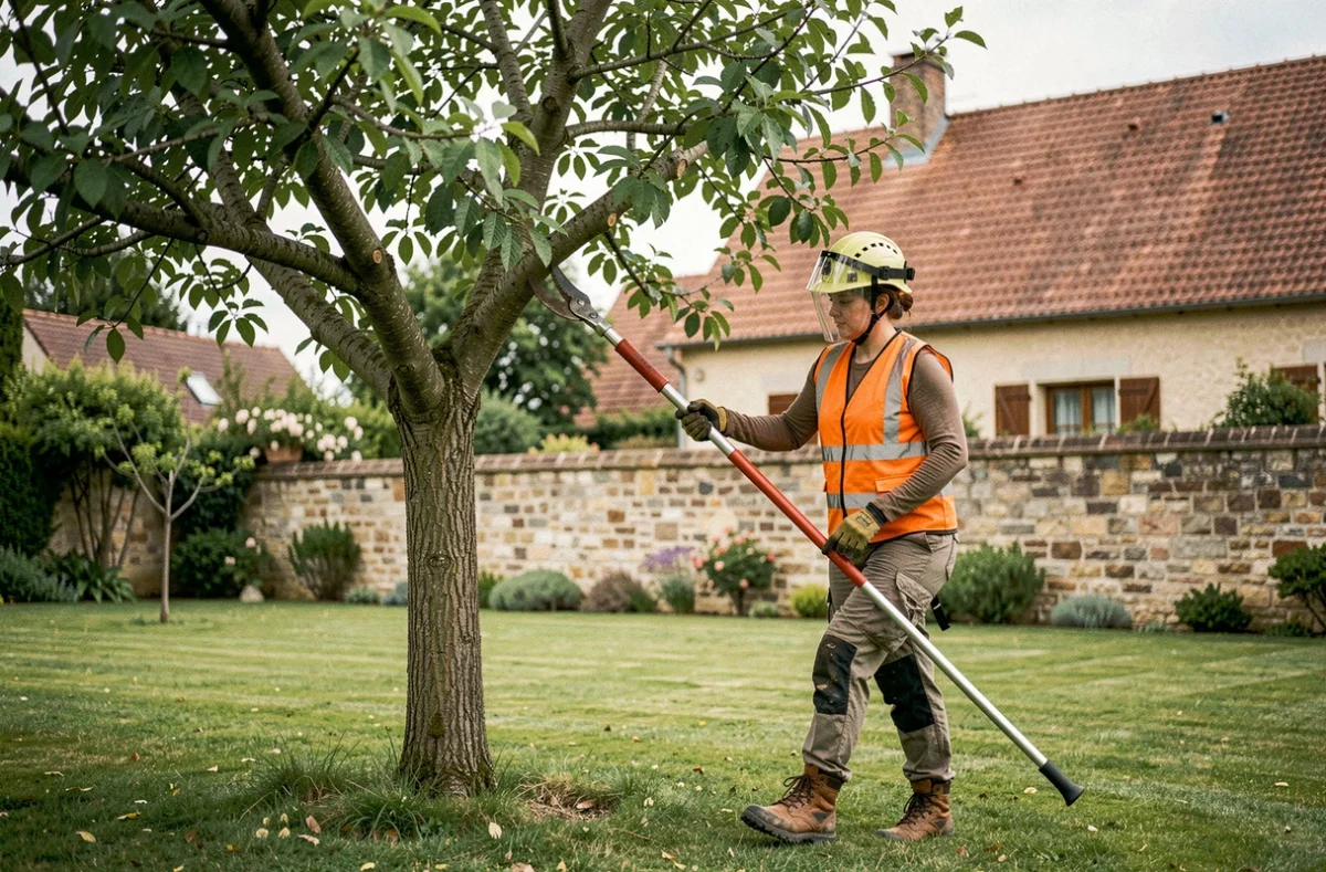 Élagueuse utilisant une perche élagueuse dans un jardin résidentiel du Loiret