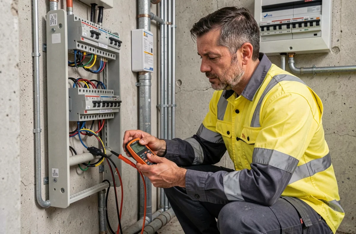 Électricien Electrosud SARL vérifiant le câblage électrique d'une pompe à chaleur dans un local technique d'immeuble en France du sud
