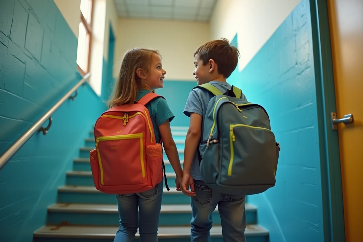 Deux enfants avec sacs &agrave; dos montent un escalier peint en discutant