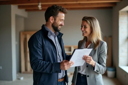 Chef de chantier et cliente discutent permis dans un appartement en rénovation
