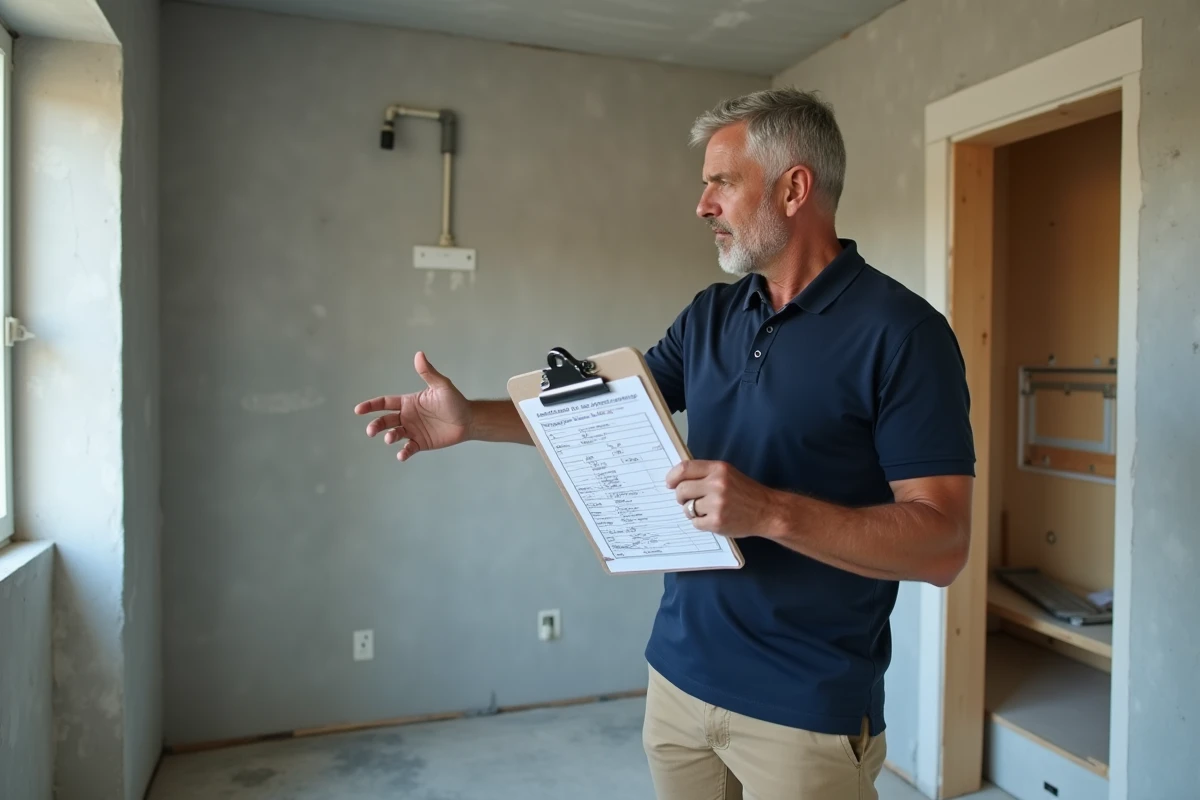 Propriétaire vérifiant son enveloppe travaux avec un presse-papiers dans un appartement en cours de rénovation