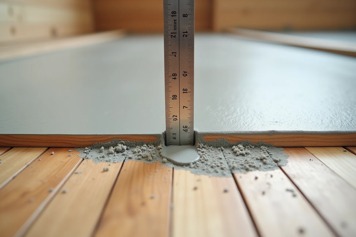 Gros plan sur l'épaisseur d'une couche de ragréage bois mesurée avec une règle de profondeur sur plancher en rénovation