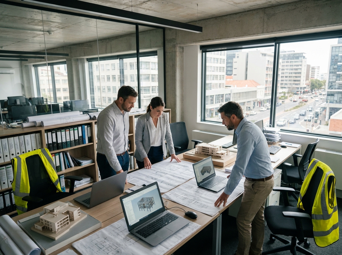 Équipe d'un bureau d'études techniques collaborant autour de plans et de maquettes structurelles dans un bureau moderne