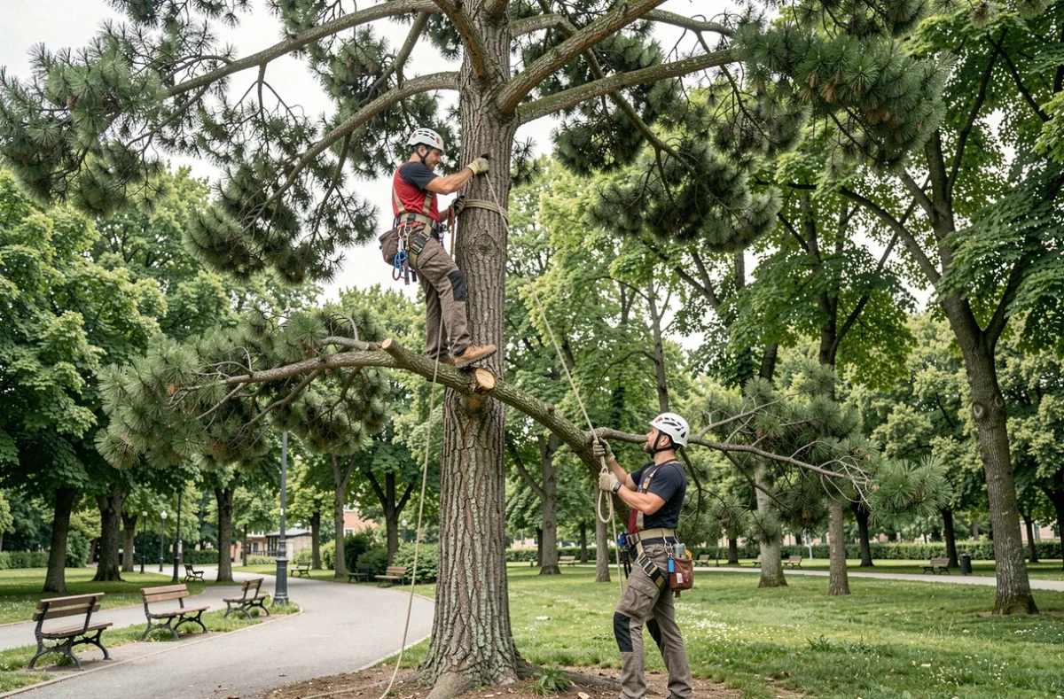 Deux élagueurs travaillant en équipe pour descendre une branche d'un grand pin dans un parc urbain