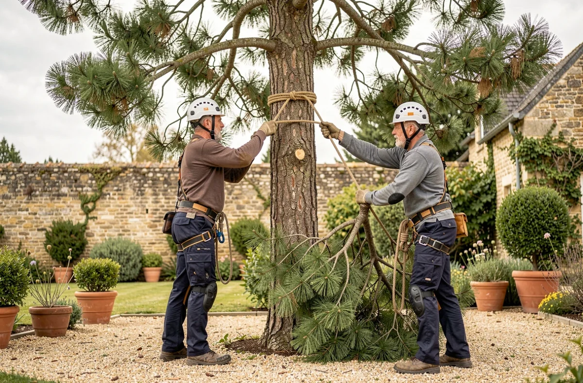 Deux élagueurs travaillant en équipe pour descendre une branche de pin avec des cordes dans un jardin de Cholet