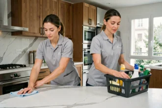 Équipe de ménage professionnelle en uniforme gris travaillant dans une cuisine moderne d'appartement français