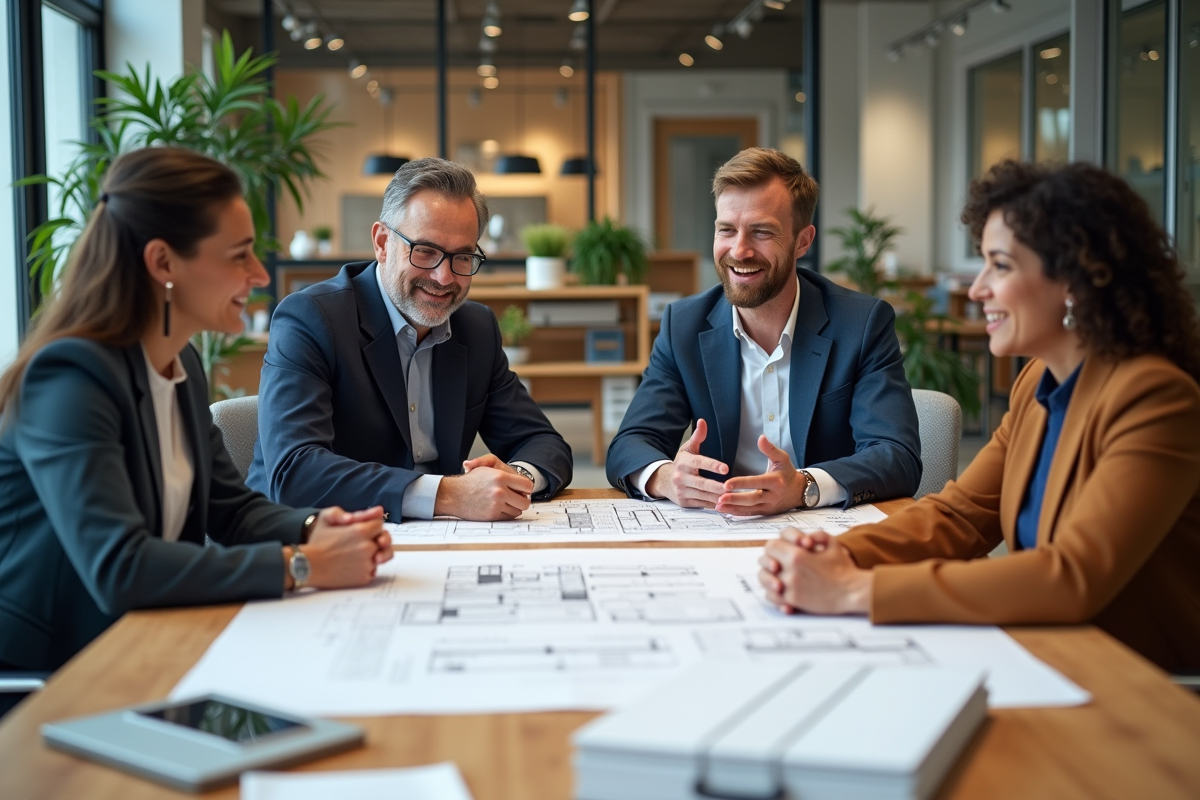 Groupe de quatre professionnels en réunion de travail
