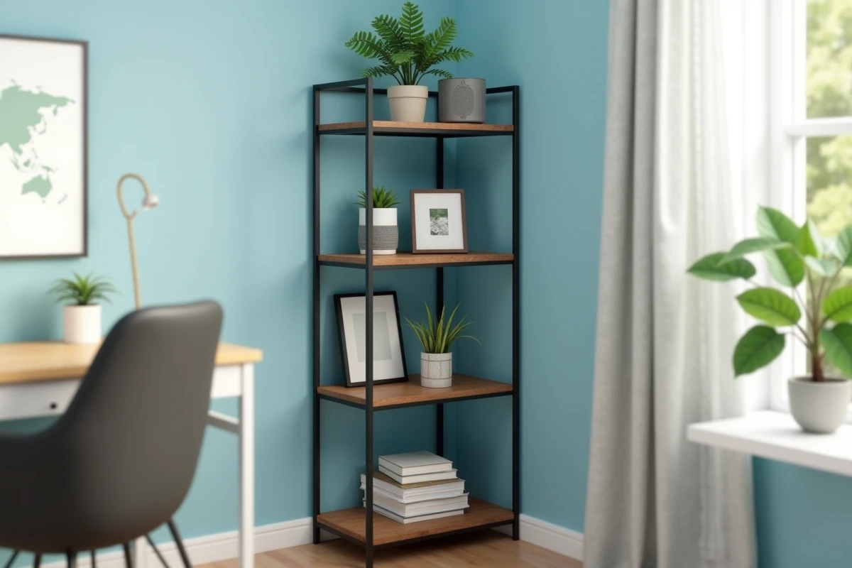 Étagère d'angle en métal noir et bois dans une chambre d'adolescent avec décorations personnalisées