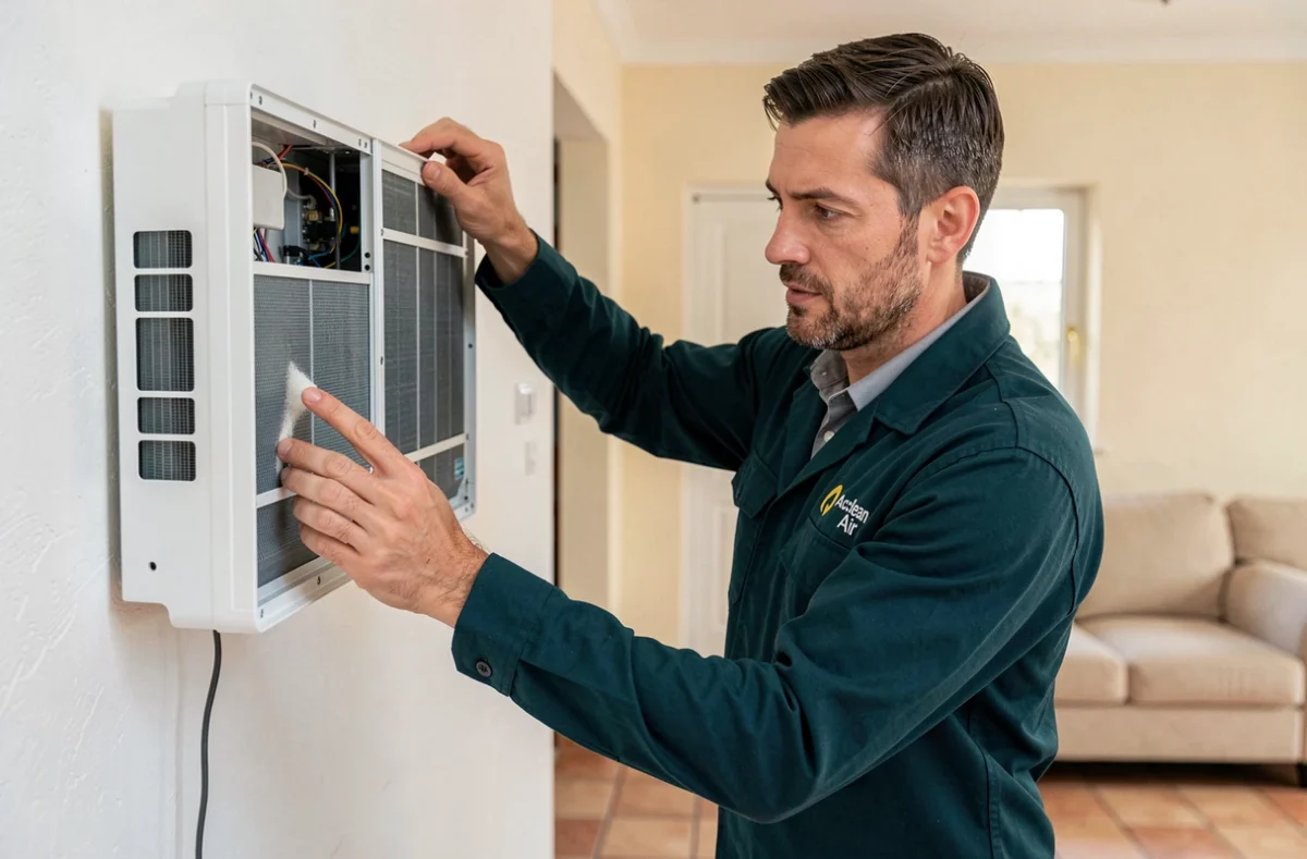 Spécialiste Ets Acclean'Air nettoyant le filtre d'une pompe à chaleur murale dans un intérieur résidentiel de l'Hérault