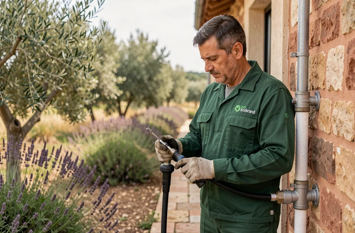 Technicien CAP BIO NRJ posant une connexion géothermique sur une maison bioclimatique en Hérault entourée de végétation méditerranéenne