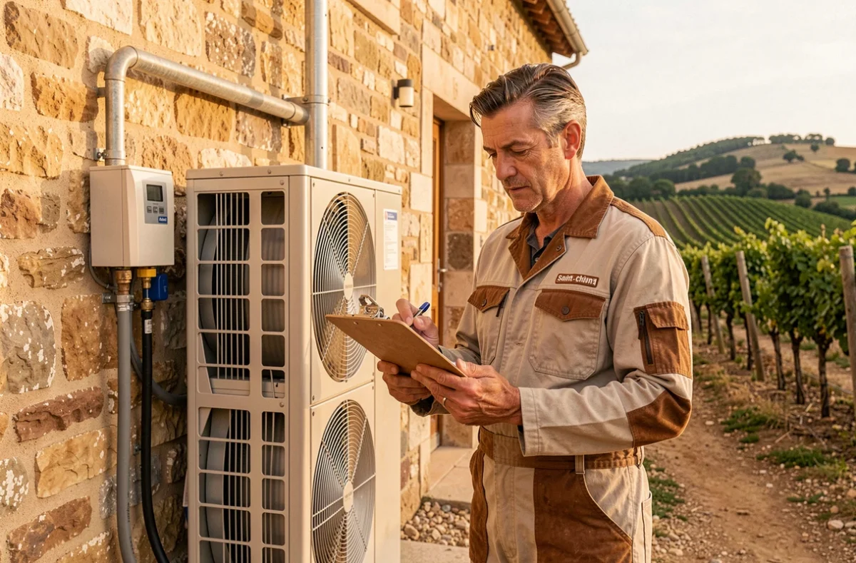 Technicien Ets CDS Pro&cie Saint-Chinian inspectant une installation de pompe à chaleur sur un bâtiment en pierre dans le vignoble héraultais