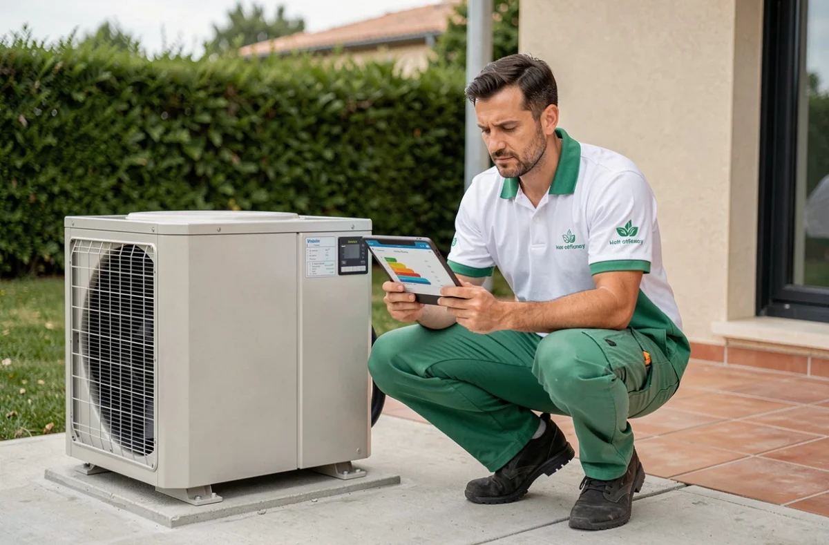 Technicien Ets Clim Propre vérifiant l'efficacité énergétique d'une pompe à chaleur sur une maison moderne