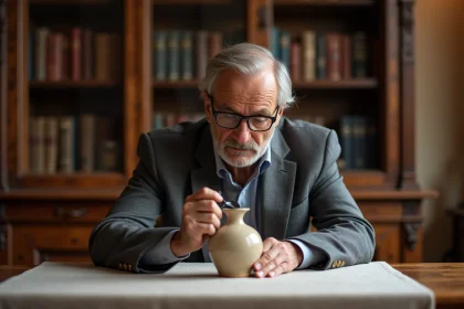 Expert antiquaire examinant un vase en céramique ancienne à domicile avec une loupe lors d'une expertise