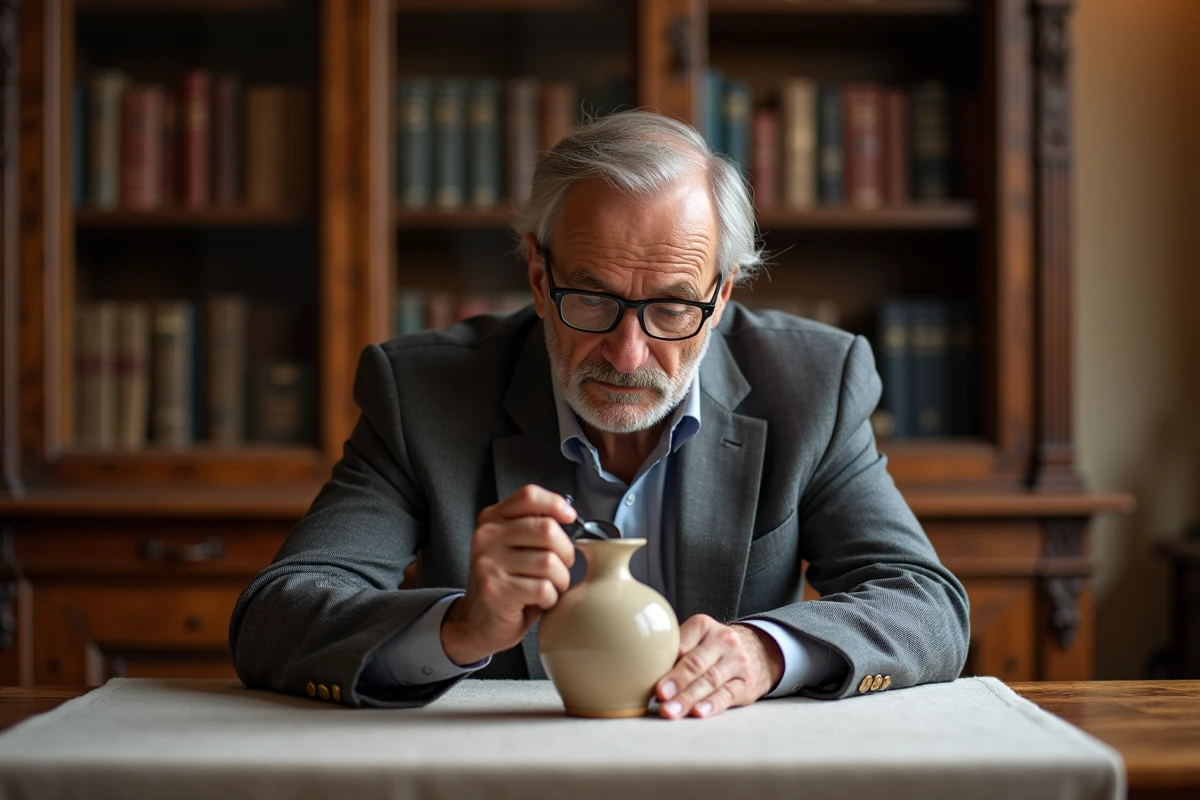 Expert antiquaire examinant un vase en céramique ancienne à domicile avec une loupe lors d'une expertise
