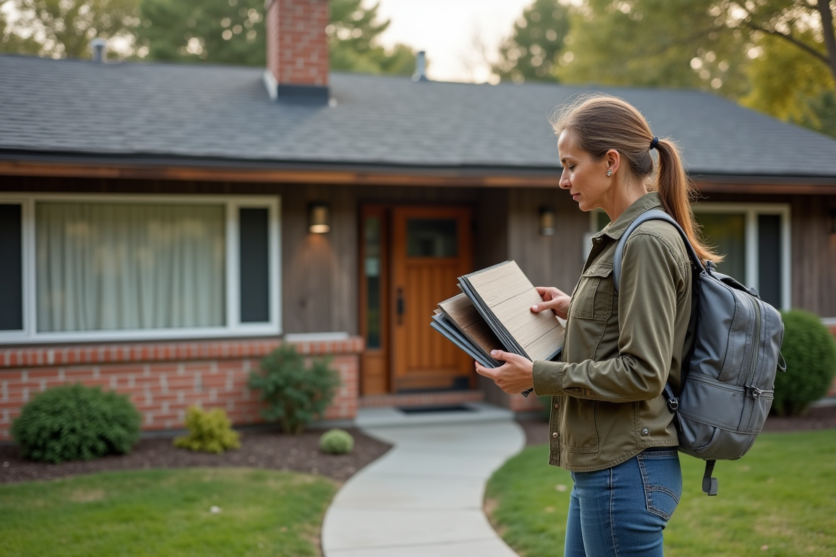 Femme examinant des échantillons de revêtement extérieur maison