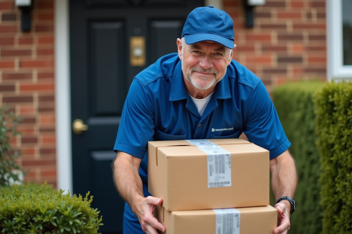 Facteur postal livrant des colis devant une maison