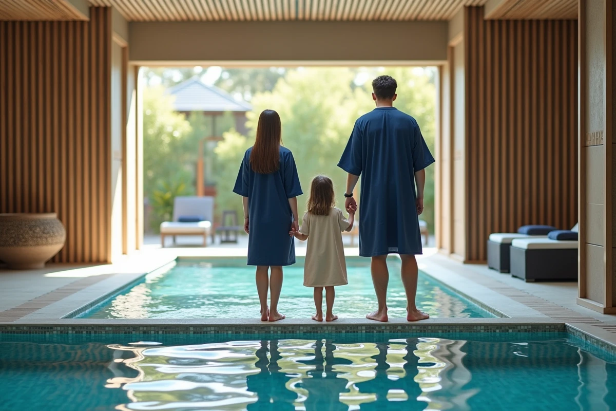 Famille regardant les carreaux de mosa&iuml;que de la piscine