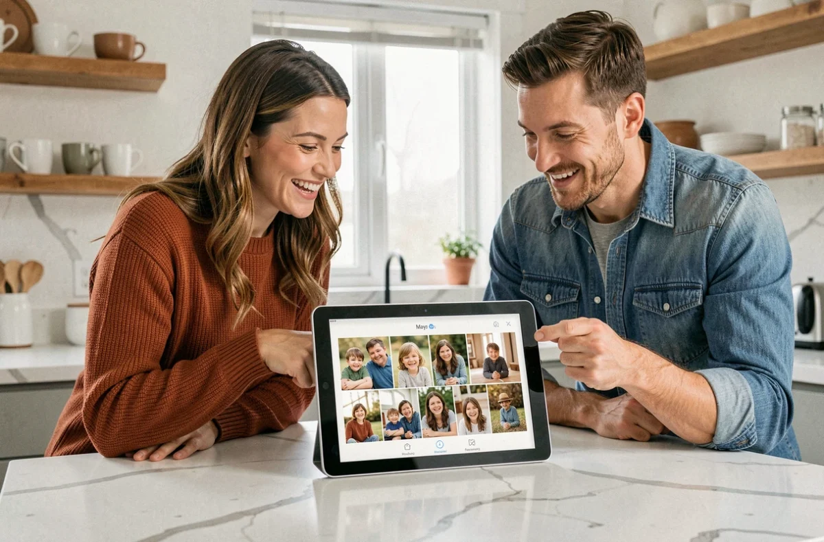 Deux adultes partageant des souvenirs familiaux sur un cadre photo numérique dans une cuisine moderne