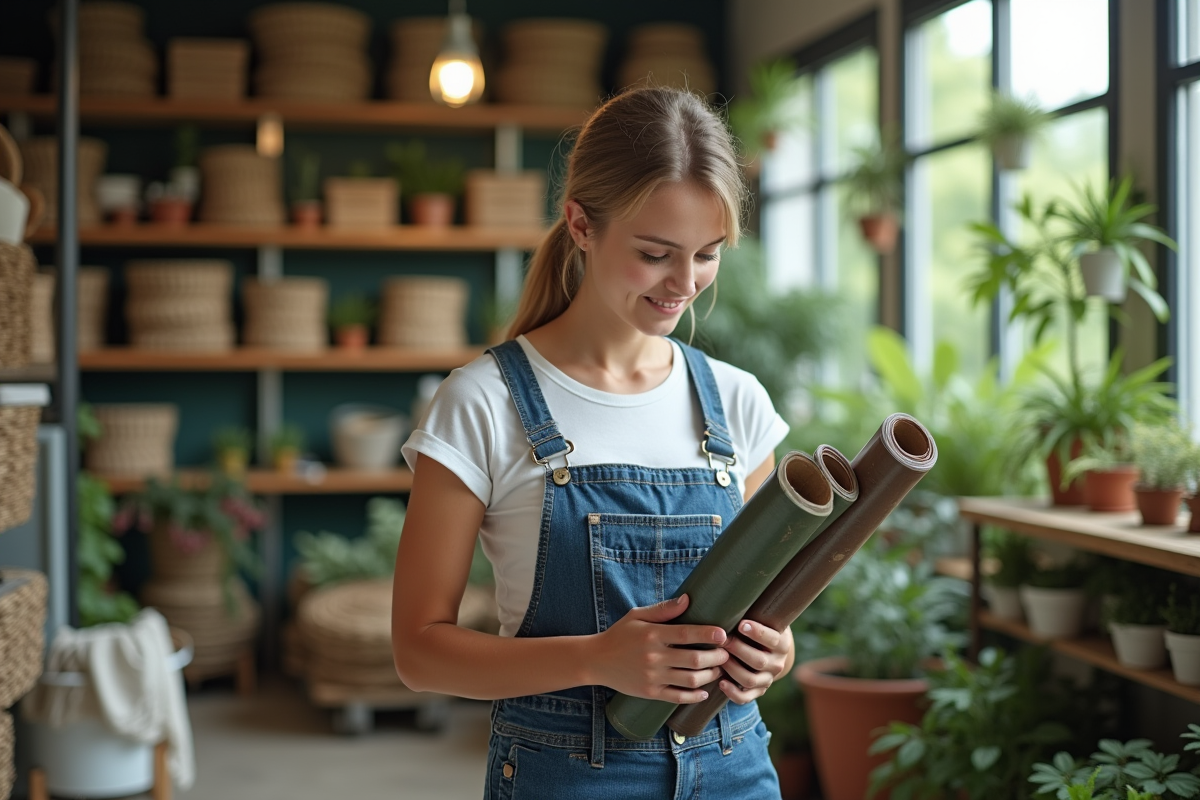 Femme en salopette compare rouleaux de membrane jardin