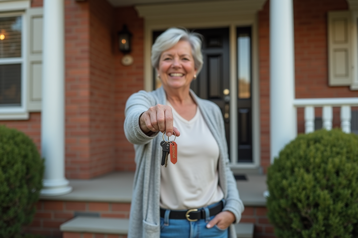Femme souriante avec clés et panneau vendu devant maison