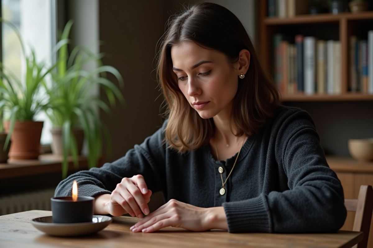 Femme méditative allumant une bougie noire dans un intérieur chaleureux