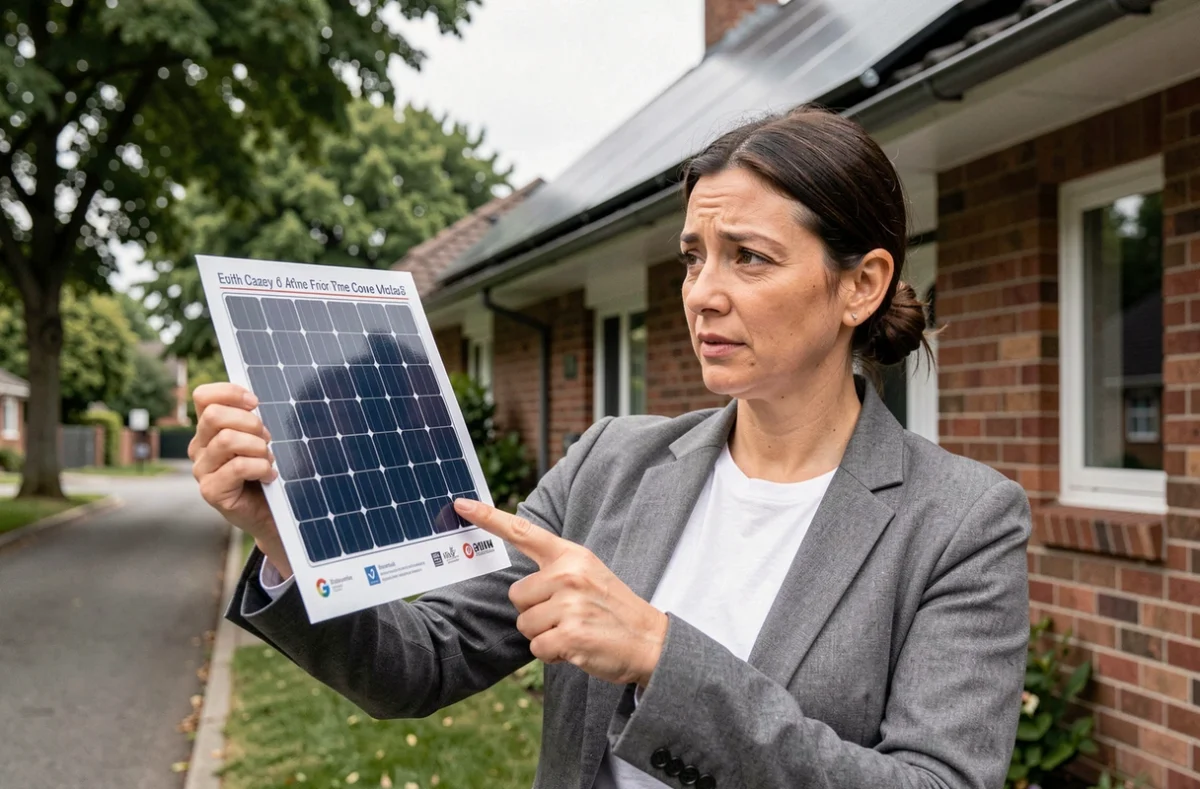 Femme tenant une publicité de panneaux solaires devant une maison avec des panneaux installés sur le toit