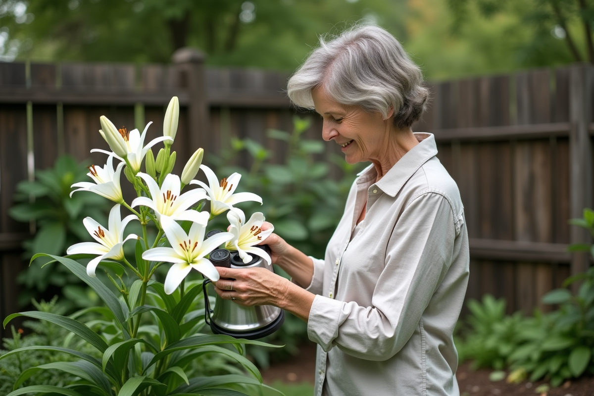 Femme arrosant des lys blancs dans un jardin verdoyant