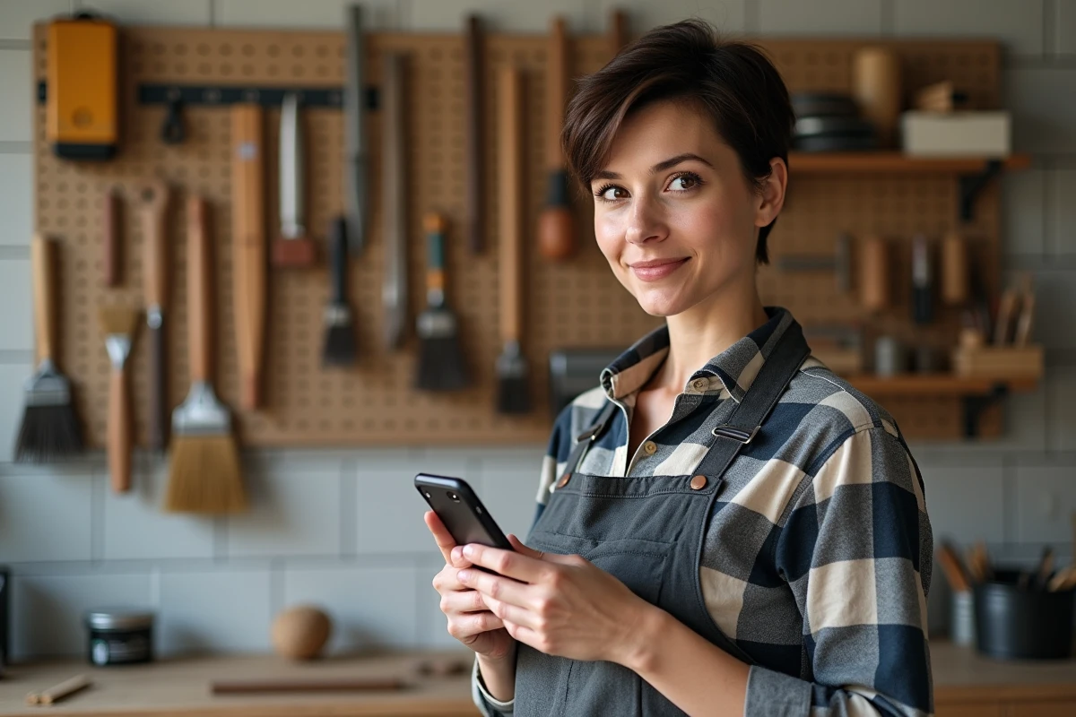 Femme artisane consultant un site d'informations bricolage sur smartphone dans un atelier de travail manuel