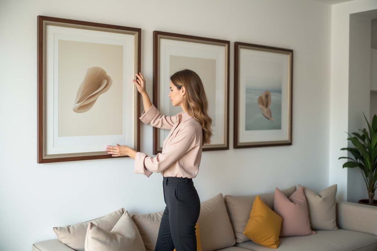 Femme arrangeant des tableaux dans un salon élégant