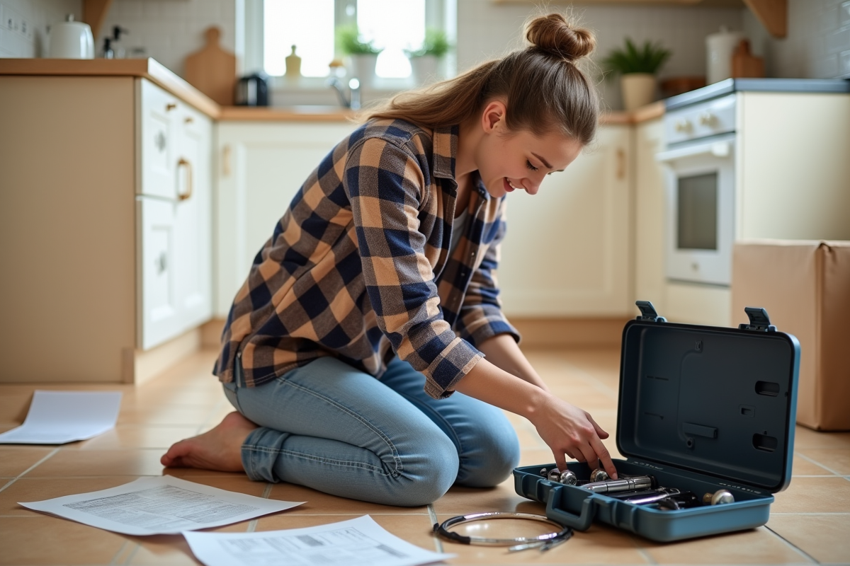 Jeune femme assemblant un meuble dans une cuisine moderne