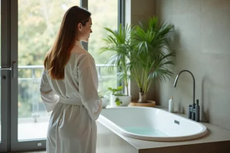 Femme en peignoir blanc regardant la baignoire balnéo moderne