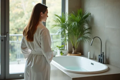 Femme en peignoir blanc regardant la baignoire baln&eacute;o moderne