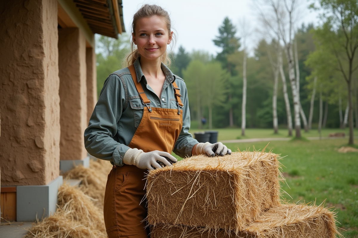 Jeune femme empile des ballots de paille sur un chantier &eacute;cologique