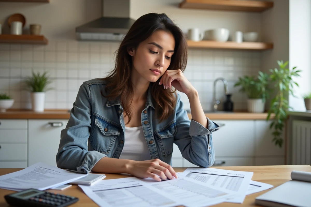 Jeune femme &eacute;valuant son budget dans une cuisine moderne