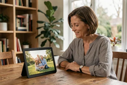 Femme regardant un cadre photo numérique affichant des souvenirs de famille dans un salon chaleureux