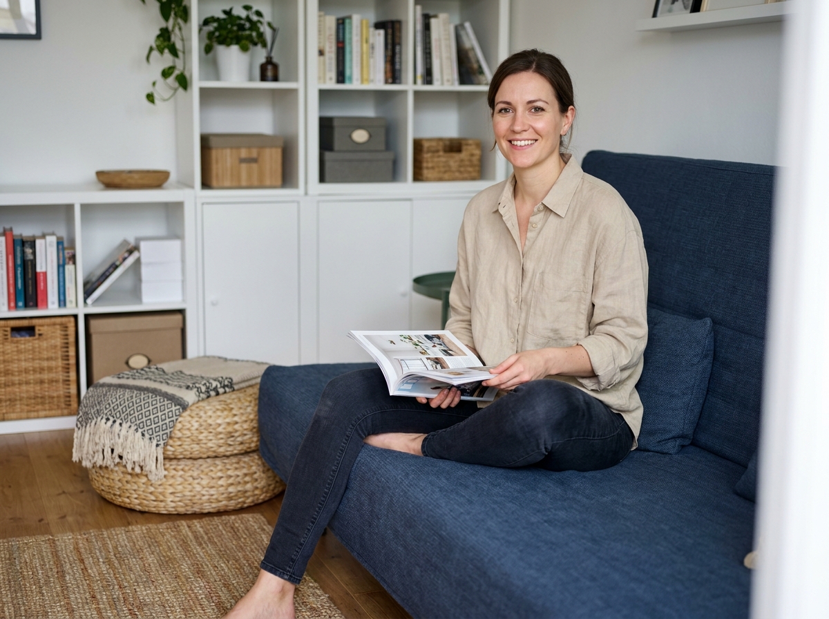 Jeune femme assise sur un canapé convertible bleu marine replié dans un petit salon bien organisé avec rangements modulaires blancs