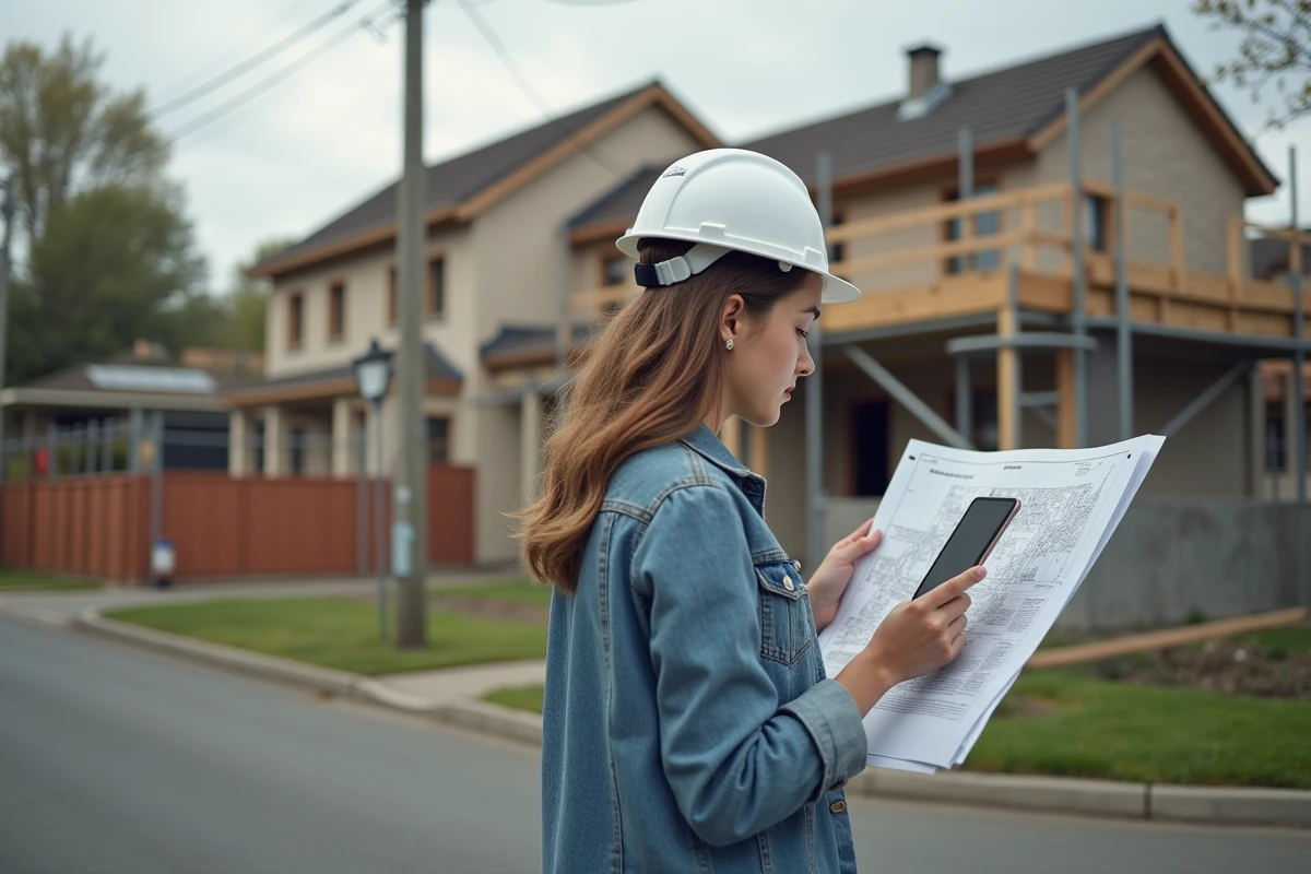 Jeune femme regardant des plans de renovation devant un chantier