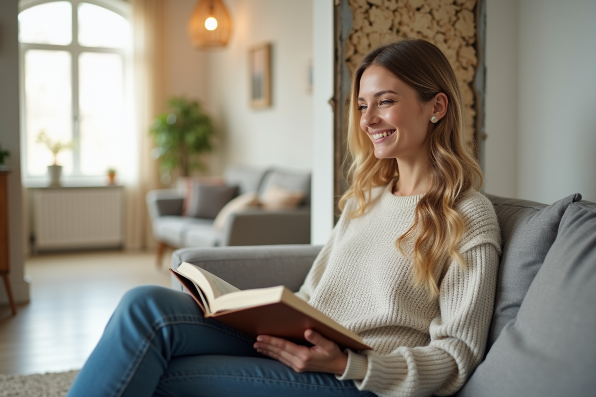 Femme souriante assise sur un canap&eacute; avec isolation cellulose