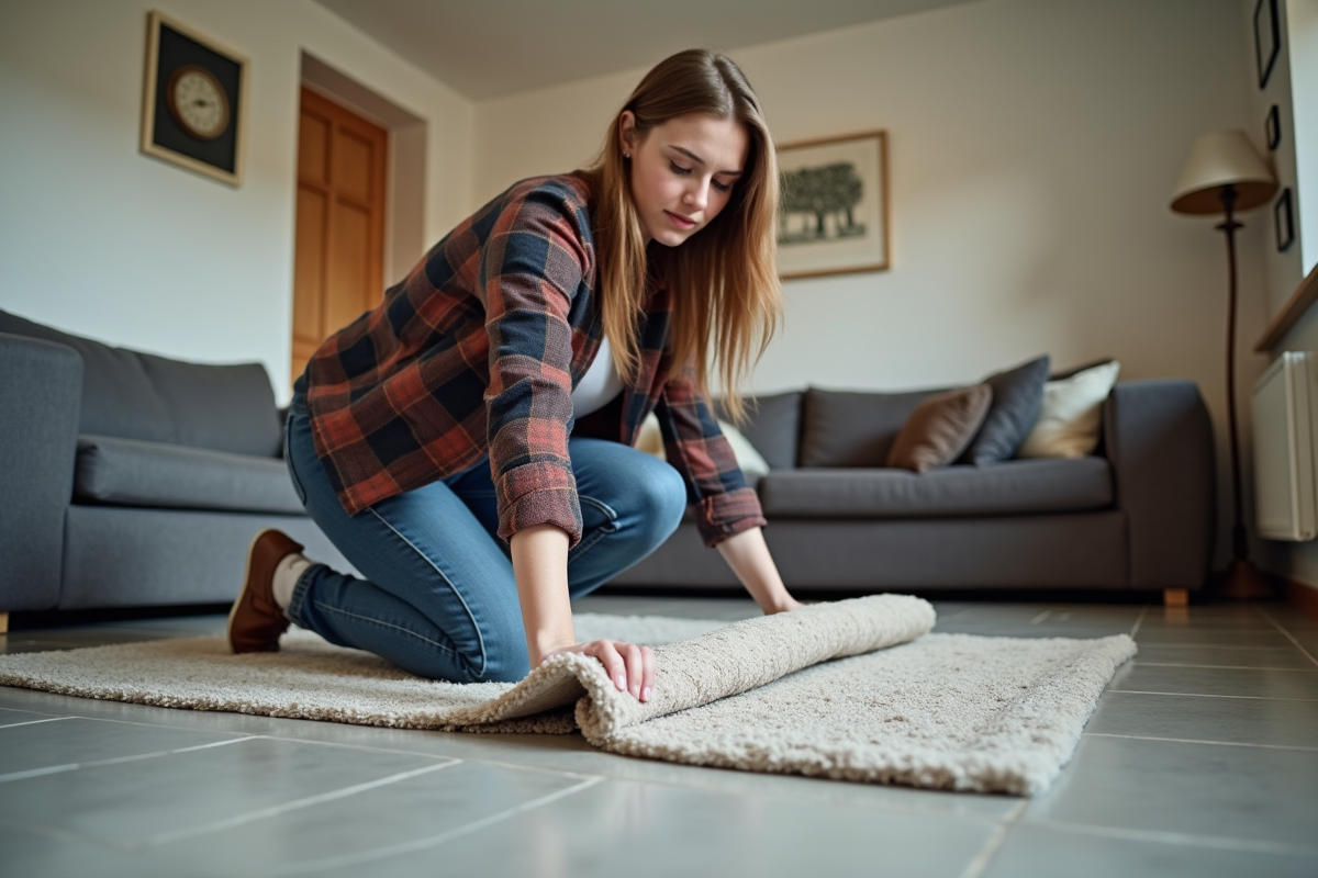 Jeune femme d&eacute;ployant un tapis dans un sous-sol accueillant