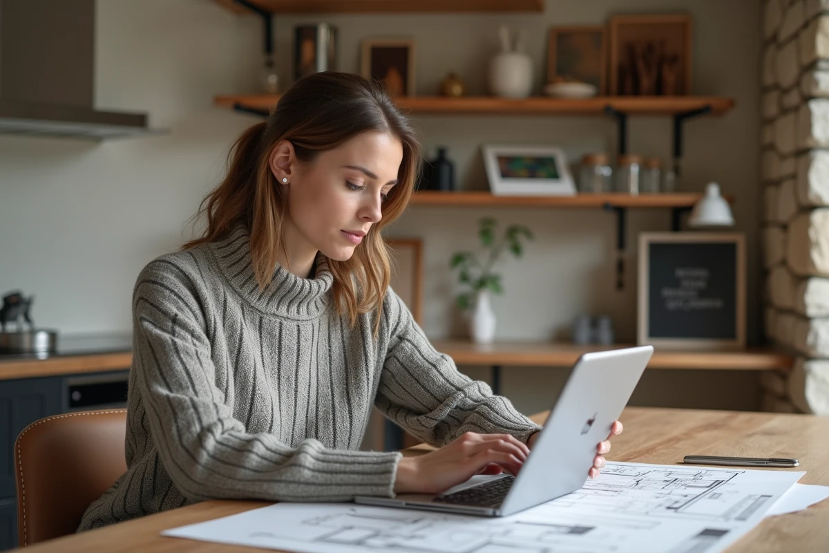 Femme en smartcasual examine plans sur tablette dans cuisine moderne