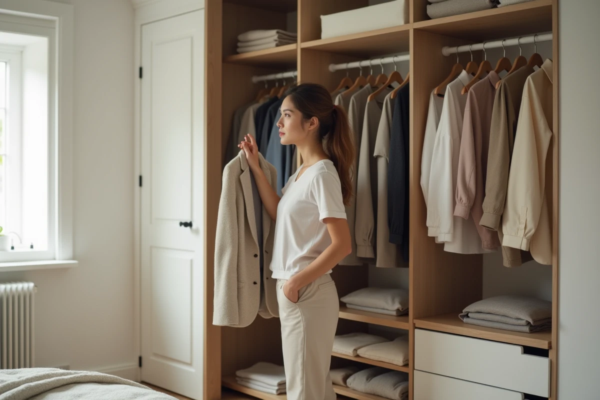 Femme devant un dressing ouvert bien organisé choisissant un blazer sur mesure à prix abordable